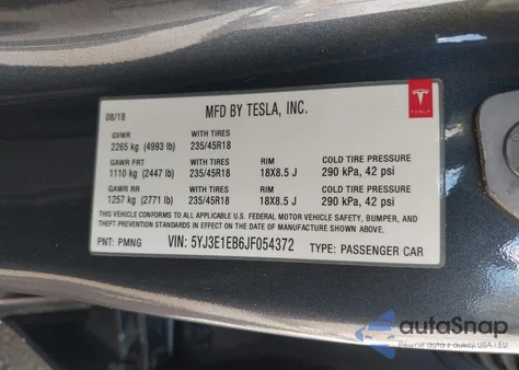 2018 Tesla Model 3 Long Range/Performance из США, поврежденный, VIN 5YJ3E1EB6JF054372